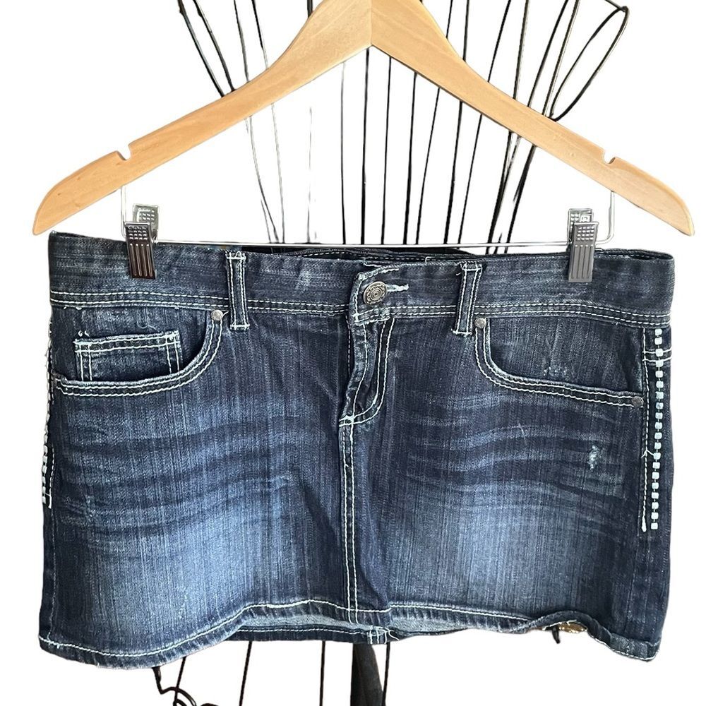 Maurices Embellished Y2K Micro Mini Whiskered Denim Jean Skirt Juniors 11/12